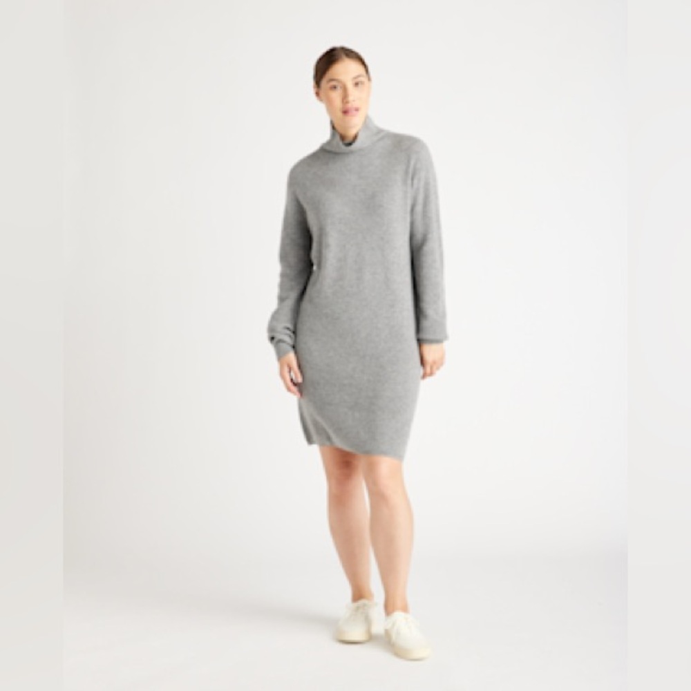 Quince Mongolian Cashmere Textured Long Sleeve Sweater Dress, Heather Grey, XS